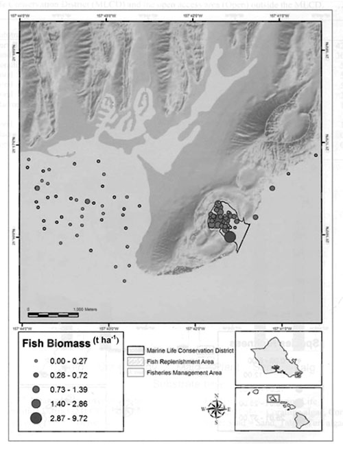 Figure 4 - Fish biomass for southeast Oahu (May2004). (Friedlander et al. 2006) [Note: 1 t/ha = 892 lb/ac] 